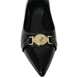 Versace women’s gold Medusa logo low heeled shoes patent black leather ss 39.5